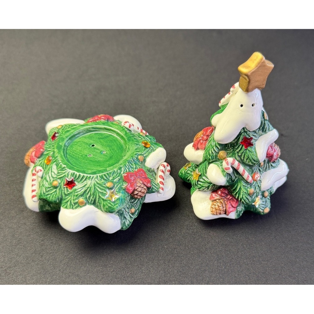 Fitz & Floyd 1994 Christmas Tree Salt Pepper Shaker Set Vintage Ceramic Holiday